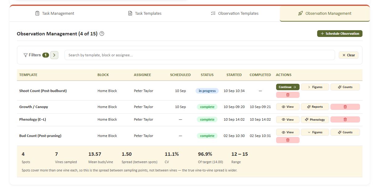 Observation planning and scheduling screen