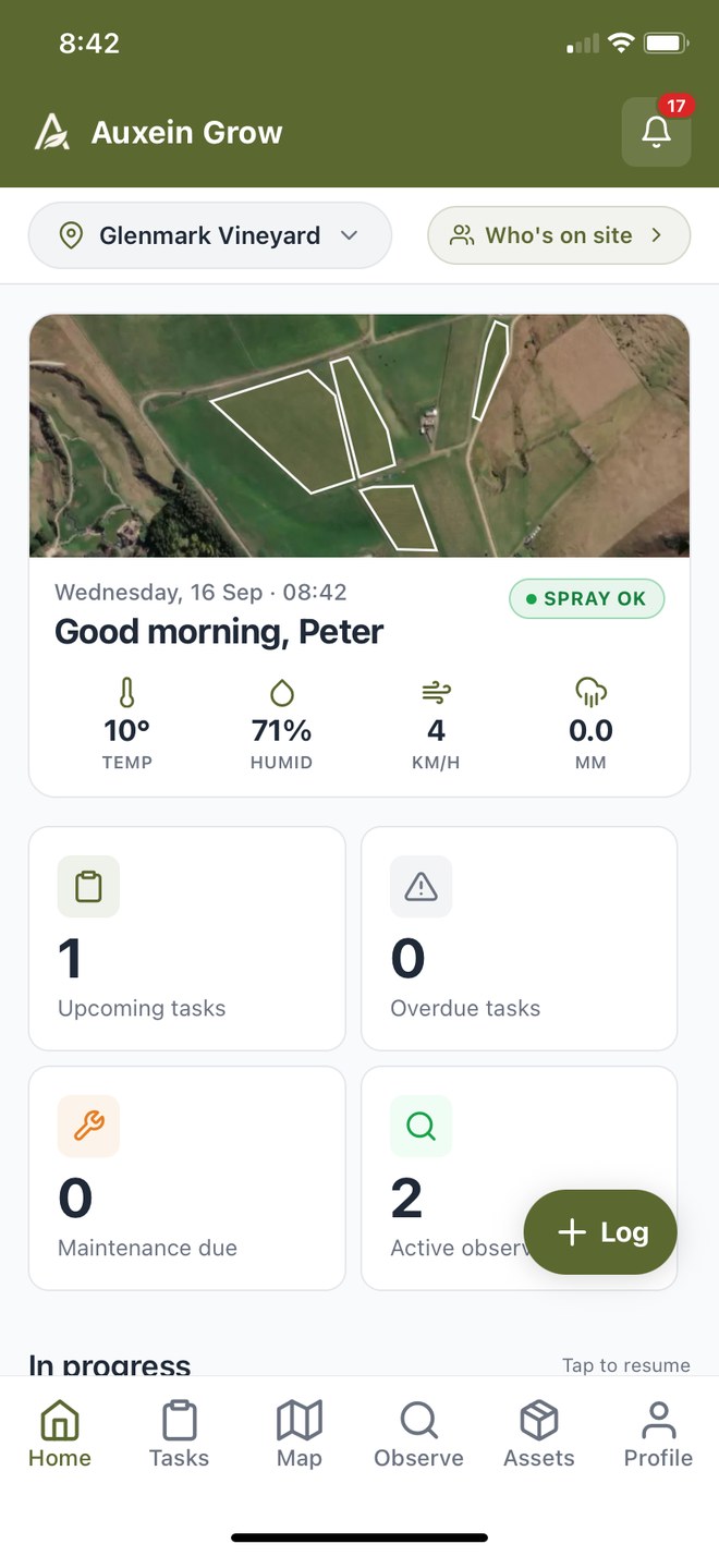 Auxein Grow mobile home screen showing the block map, conditions and what is due