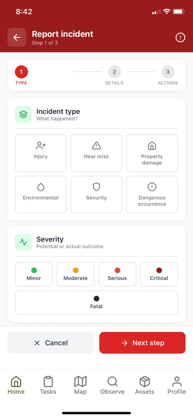 Health and safety incident report on mobile