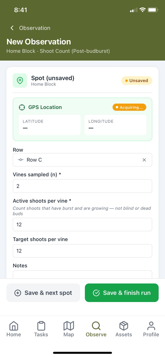 Field observation capture with GPS, row and shoot count
